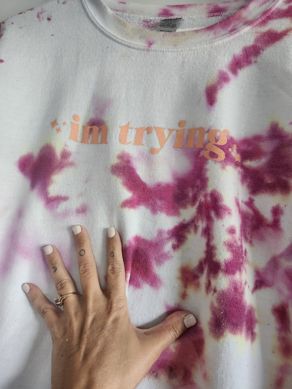 Hand Dyed Pink White “I’m Trying” Graphic Crewneck | XL Cozy Fleece Sweater
